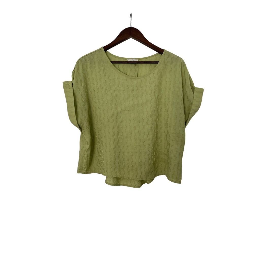 Entro Top Large Tencel Textured Blouse Chartreuse Green Dolman Short Sleeve Boxy